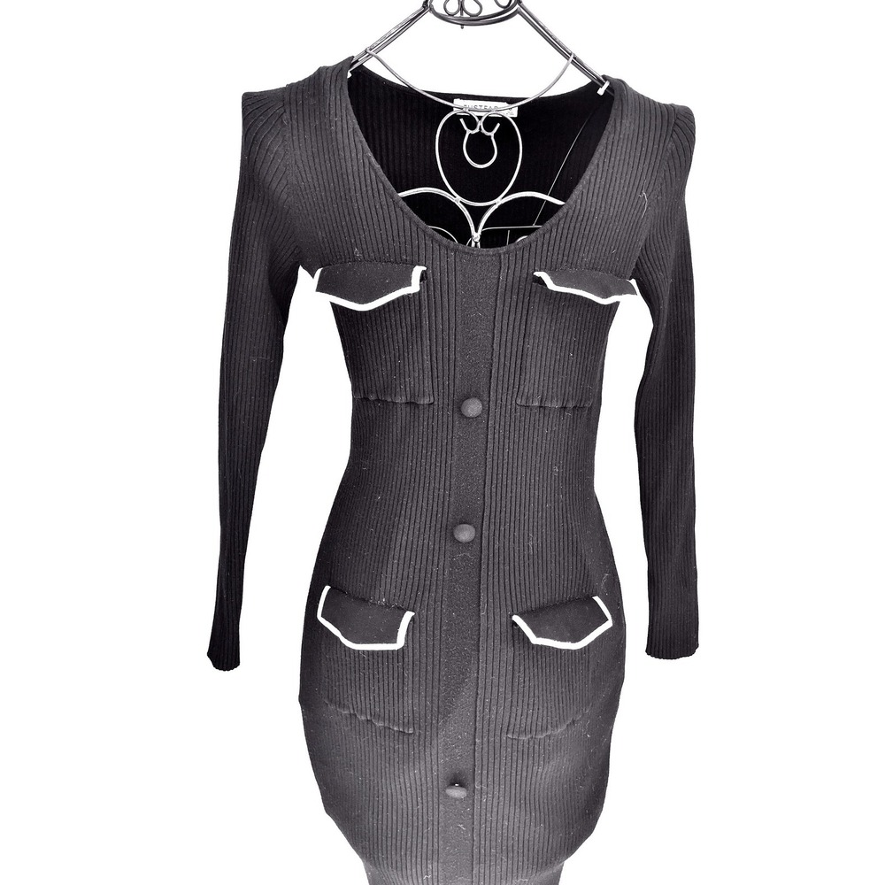 Ribbed Knit Sweater Midi Dress Black White Long Sleeve Sz M Stretch LBD Bodycon